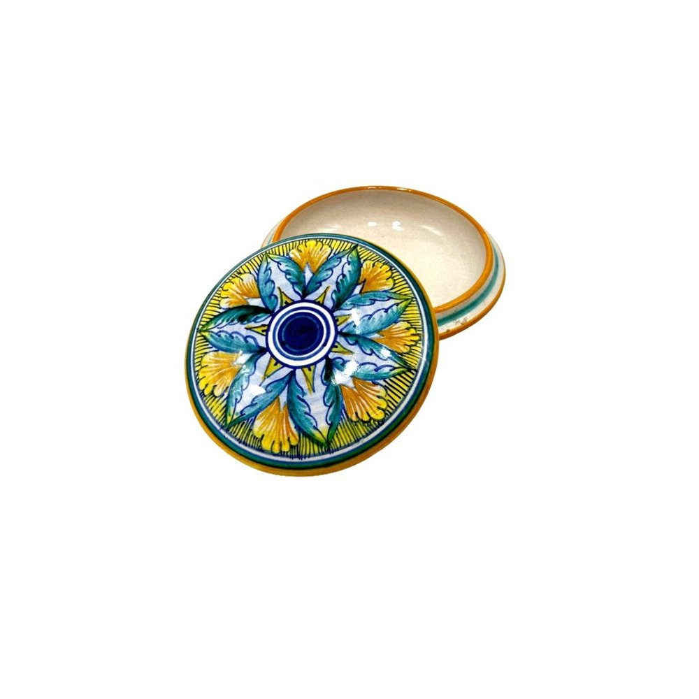 DERUTA Italy Ceramic Hand Painted Box Round Shallow Trinket Jewelry Holder w Lid